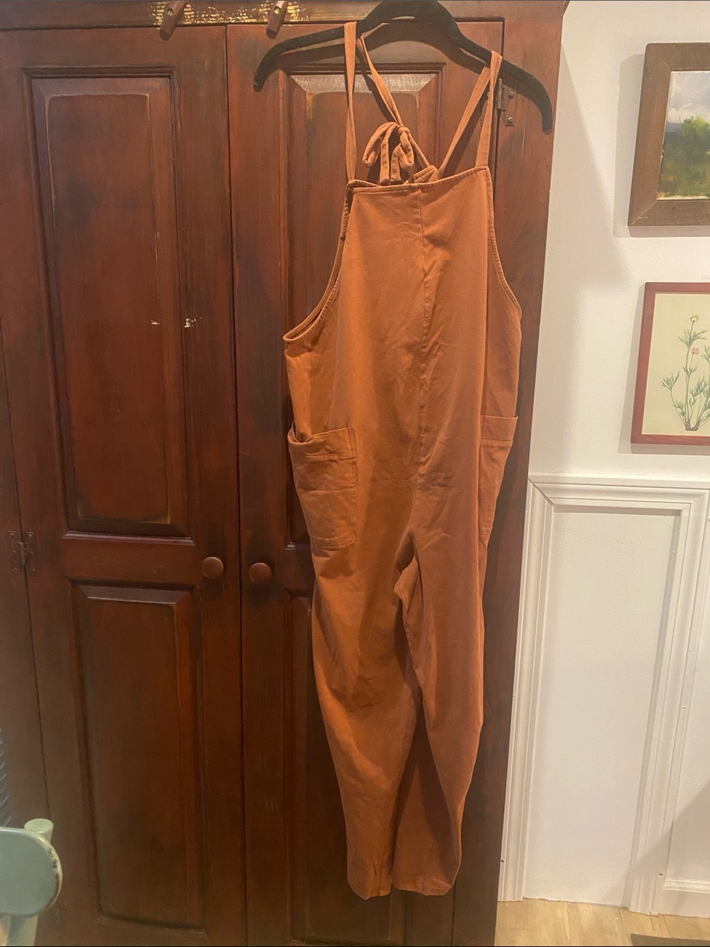 Women's Rust Orange Sleeveless Utility Maternity overalls, cotton size 2
